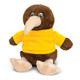 A brown kiwi plush toy wearing a bright yellow T-shirt, sitting upright with a large beak and soft feet. A brown kiwi plush toy wearing a bright yellow T-shirt, sitting upright with a large beak and soft feet.