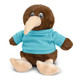 A brown kiwi plush toy wearing a light blue shirt, featuring round eyes and a large beak, with a soft, cuddly texture. A brown kiwi plush toy wearing a light blue shirt, featuring round eyes and a large beak, with a soft, cuddly texture.