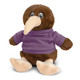 A brown kiwi plush toy wearing a purple shirt and featuring a cute, rounded body with large feet and eyes. A brown kiwi plush toy wearing a purple shirt and featuring a cute, rounded body with large feet and eyes.