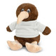 A brown kiwi plush toy with a white shirt, featuring round eyes and a long beak, sitting down.