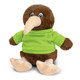 A brown kiwi plush toy wearing a green shirt, featuring a large beak and round eyes, with soft beige feet.