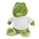 A green crocodile plush toy wearing a white shirt, featuring large eyes and a friendly expression.