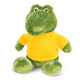 A green crocodile plush toy wearing a bright yellow shirt, featuring large eyes and a friendly expression.