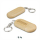 A wooden flash drive with a keychain attachment, featuring a logo on one side.