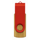 A bamboo flash drive with a red metal cap and a circular attachment hole. It features a logo on the surface.