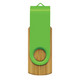 A bamboo flash drive with a green plastic top, featuring a circular hole for attachment. A bamboo flash drive with a green plastic top, featuring a circular hole for attachment.