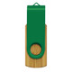 A green and bamboo flash drive featuring a swivel cap design and a circular hole for keyring attachment. A green and bamboo flash drive featuring a swivel cap design and a circular hole for keyring attachment.