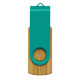A bamboo flash drive featuring a turquoise plastic cap and a circular hole for easy attachment. A bamboo flash drive featuring a turquoise plastic cap and a circular hole for easy attachment.