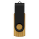 A bamboo flash drive with a black top and a circular loop for attachment. It features a logo on the surface. A bamboo flash drive with a black top and a circular loop for attachment. It features a logo on the surface.