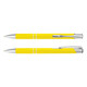 A bright yellow metal pen with silver accents, showcasing a sleek design and a clip for easy attachment.