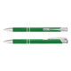 A green metal pen with silver accents, featuring a sleek design and a logo on its surface.