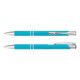 A turquoise metal pen with silver accents, displayed from multiple angles. The pen features a clip and decorative lines.