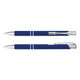 A blue metal pen with silver accents, featuring a logo and a sleek design. Two pens are displayed, one capped and one uncapped.