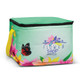 A green cooler bag featuring vibrant floral designs and a butterfly, with a yellow handle and a zip closure.