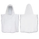 A white kids hooded towel with a textured design and a contrasting navy border, featuring a central hood.
