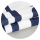 A navy and white striped kids hooded towel featuring a soft texture, folded neatly. Includes a logo.