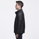 A puffer jacket in black, with a quilted design, featuring a high collar and a side view of a male model wearing it.