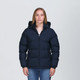 A navy blue puffer jacket with a hood, featuring zippered pockets and a sleek design. A navy blue puffer jacket with a hood, featuring zippered pockets and a sleek design.