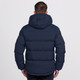 A navy puffer jacket with a hood, featuring a quilted design and a logo on the back.