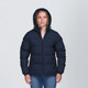 A navy blue puffa jacket with a hood, featuring zippered pockets and a branding logo.