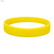 A thin yellow silicone wristband with a smooth finish and a circular shape, featuring a logo.