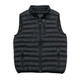 A black padded vest featuring a zip up front and two zippered pockets, with a logo on the inside collar.