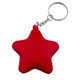 A red star-shaped key ring with a silver chain attachment. It has a smooth, glossy finish. A red star-shaped key ring with a silver chain attachment. It has a smooth, glossy finish.