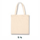A plain beige cotton tote bag with two handles and a logo. The bag is rectangular in shape.