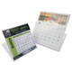 A desktop calendar stand featuring two calendars. One has a colourful background, while the other shows a clean white design.