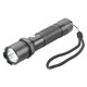 A black torch with a textured grip and wrist strap, featuring a light at one end. It has a branding logo.