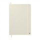 A hardcover notebook in a light cream colour with an elastic band and a logo.