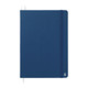 A navy hardcover notebook with a white ribbon bookmark and an elastic band, featuring a logo on the cover.