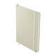 A minimalist A5 hardcover notebook in light grey, featuring an elastic band and a logo on the cover.