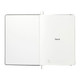 An open A5 hardcover notebook with a plain white interior and a logo on the first page. Features a black cover.