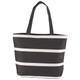 A striped insulated cooler bag in black and white with two sturdy handles. It features a logo on the side. A striped insulated cooler bag in black and white with two sturdy handles. It features a logo on the side.