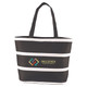 A black insulated cooler bag with white stripes and a logo on the front, featuring sturdy handles. A black insulated cooler bag with white stripes and a logo on the front, featuring sturdy handles.
