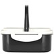 A black and white plastic lunch box with a handle, featuring a sleek design and a secure lid.