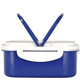 A blue lunch box made from plastic and wheat straw, featuring a white lid and handle, with two open lids.