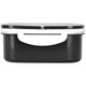 A black lunch box with a white lid and handle, made from plastic and wheat straw. Includes branding.