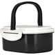 A plastic and wheat straw lunch box in black and white with a handle and a secure lid. It features a logo.
