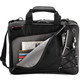 A black laptop bag with multiple compartments, including pockets for a phone and accessories. It features a logo.