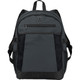 A grey expandable 15" computer backpack with mesh side pockets and a logo on the front.