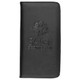 A black leather travel wallet featuring a logo embossed on the front.
