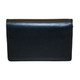 A black business card holder with a sleek and glossy finish, featuring a simple design and a logo.
