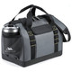 A grey insulated cooler bag with a mesh pocket and a drink bottle holder. Features adjustable straps and zip closures.
