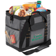 A cooler bag in grey with black trim, filled with food items and a drink, featuring a logo on the side.