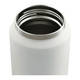 A drink bottle featuring a sleek white design with a stainless steel rim at the opening and an interior for beverages.