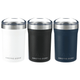 A drink bottle set in white, black, and navy, featuring a stainless steel lid and a logo. 