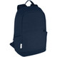 A navy blue laptop backpack with a sleek design, featuring a front pocket and adjustable straps, also has a logo.
