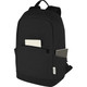 A black recycled canvas laptop backpack with two side pockets, designed for anti-theft and holds a laptop up to 15 inches.